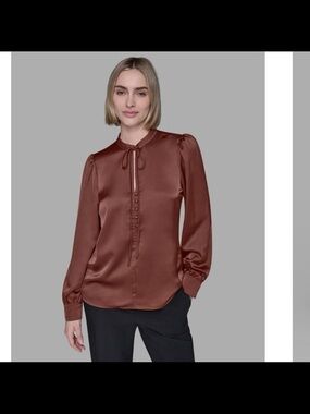 NWT Karl lagerfeld women’s tie neck top brown size XL
